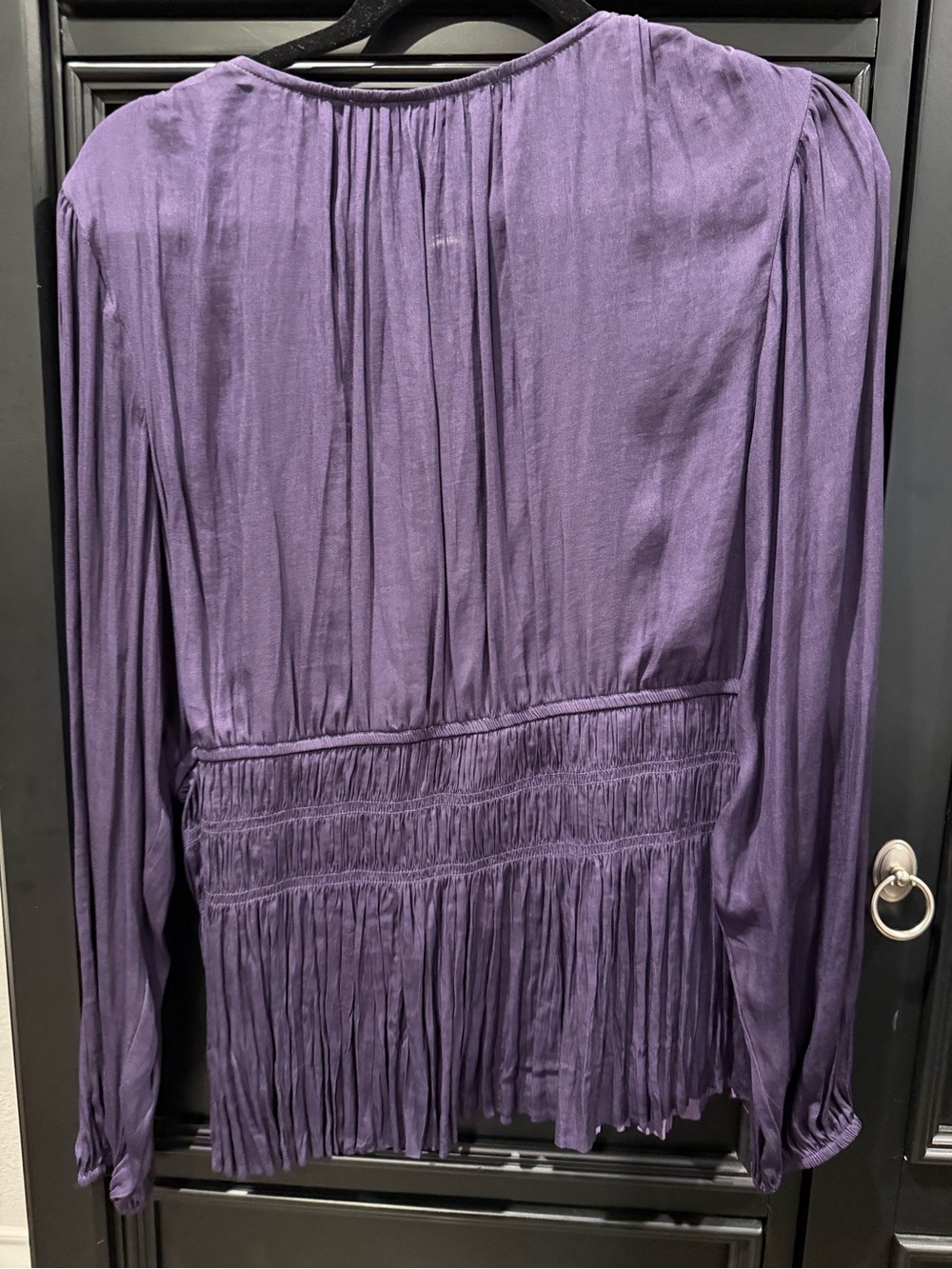 White House Black Market Lavender V-Neck Smocked Waist Blouse - Picture 2 of 3